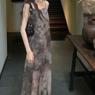 Spaghetti Strap Tie Dye Sheer Dress Gray - One Size