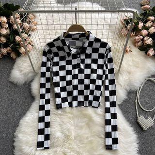 Lapel Plaid Long-sleeve Cropped Top