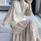 Set: Long-sleeve Floral A-line Dress + Sweater Vest