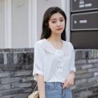 Elbow-sleeve Pattern Paneled Buttoned Chiffon Top