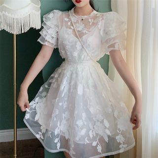 Set: Slipdress + Flower Detail Short-sleeve Blouse + Mini A-line Skirt