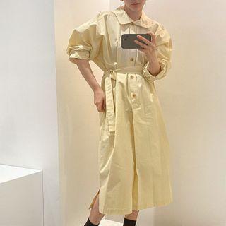 Long-sleeve Sashed A-line Midi Shirtdress
