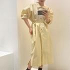 Long-sleeve Sashed A-line Midi Shirtdress