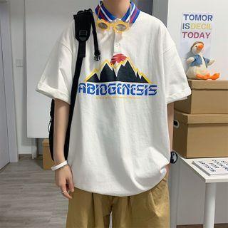 Elbow-sleeve Printed Collared T-shirt