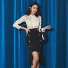 Set: Long-sleeve Tie-neck Lace Blouse + Mini Fitted Skirt