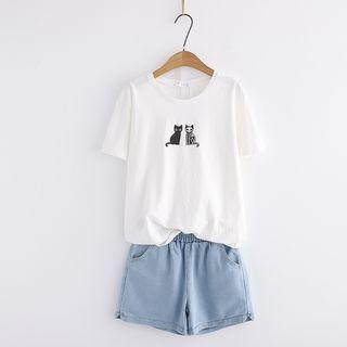 Short-sleeve Cat Print T-shirt / Denim Shorts / Set
