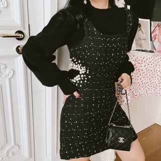 Plaid Faux Pearl Mini Overall Dress