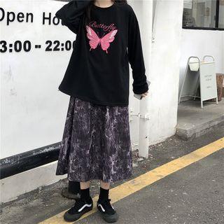Long-sleeve Printed T-shirt / Tie Dye Midi Skirt