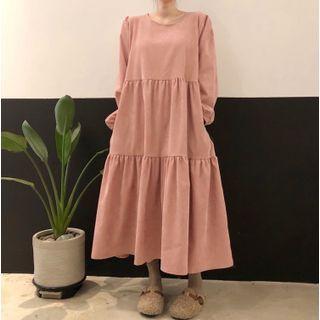 Long-sleeve Tiered Corduroy Midi Shift Dress