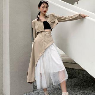Cropped Jacket / Mesh Panel Midi A-line Skirt
