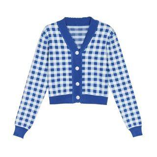 Gingham Cropped Cardigan Plaid - White & Blue - One Size