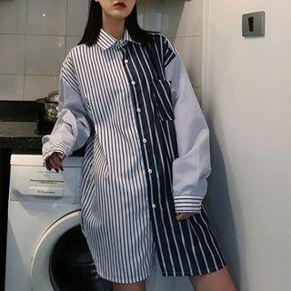 Long-sleeve Striped Panel Shirt As Shown In Figure - One Size