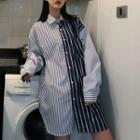 Long-sleeve Striped Panel Shirt As Shown In Figure - One Size