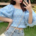 Puff-sleeve Off-shoulder Floral Print Cropped Blouse Blue - One Size