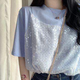 Mock Two-piece Sequined Elbow-sleeve T-shirt