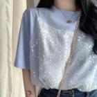 Mock Two-piece Sequined Elbow-sleeve T-shirt
