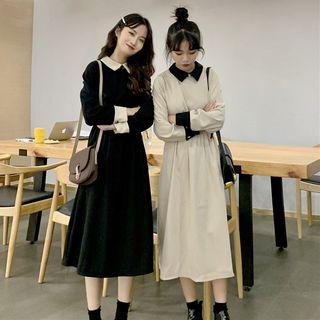 Color Block Collared Long-sleeve A-line Dress / Mock Two-piece Midi Pullover Dress
