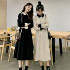 Color Block Collared Long-sleeve A-line Dress / Mock Two-piece Midi Pullover Dress