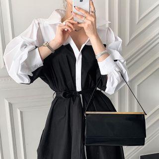 Two-tone Midi A-line Shirtdress Black & White - One Size