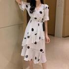 Elbow-sleeve Frill Trim Polka Dot A-line Midi Chiffon Dress