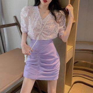 Dotted Short-sleeve Blouse / Mini Straight-fit Skirt