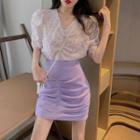 Dotted Short-sleeve Blouse / Mini Straight-fit Skirt
