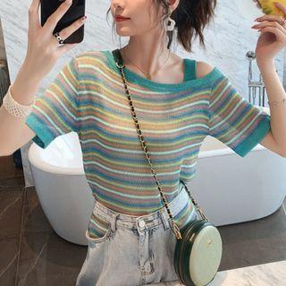 Diagonal Collar Off-shoulder Rainbow Striped Top