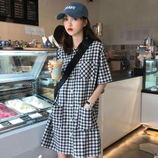Short-sleeve Plaid Shirtdress Plaid - Black & White - One Size