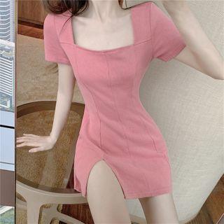 Short-sleeve Square-neck Slit Mini Sheath Dress