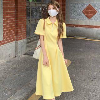 Short-sleeve Collar Knit Midi A-line Dress