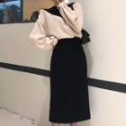 Mock Two-piece Cold Shoulder Pullover / High Waist Midi Straight-fit Skirt