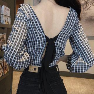 V-neck Plaid 3/4-sleeve Cropped Top