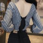 V-neck Plaid 3/4-sleeve Cropped Top