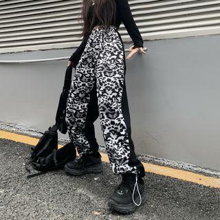 Leopard Print Panel Drawstring-cuff Pants