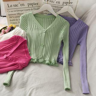 Lace-hem Button-down Knit Top In 7 Colors