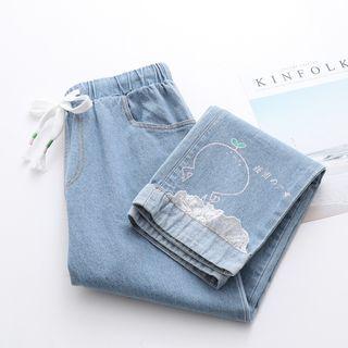 Lace Trim Embroidery Wide-leg Jeans