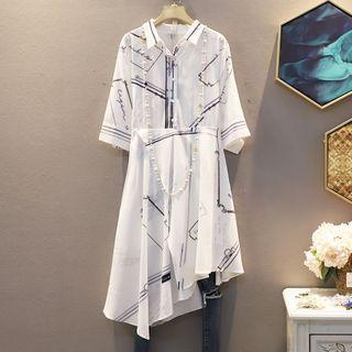 Elbow-sleeve Printed Irregular A-line Shirtdress