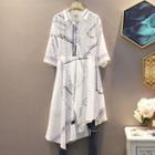 Elbow-sleeve Printed Irregular A-line Shirtdress