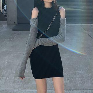 Long-sleeve Cold Shoulder Mini Sheath Knit Dress / Top