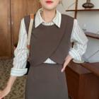 Slit Vest / Striped Shirt / A-line Skirt / Set