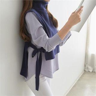 Set: Turtle-neck Sleeveless Top + Stripe Shirt