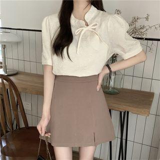 Elbow-sleeve Mandarin Collar Blouse / Slit Mini A-line Skirt