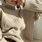 Turtleneck Loose Cable Sweater Beige - One Size