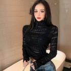 Drawstring Long-sleeve Lace Top Black - One Size