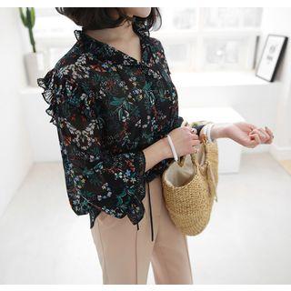 Frill-trim Tie-detail Floral Chiffon Top