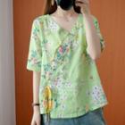 Floral Short-sleeve Frog-button Blouse