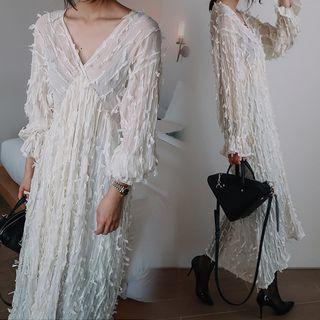 Bell-sleeve Shirred V-neck Plain Dress