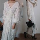 Bell-sleeve Shirred V-neck Plain Dress