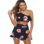 Set: One Shoulder Floral Print Cropped Top + Floral Print Short