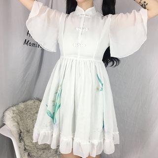 Traditional Chinese Elbow-sleeve Frill Trim A-line Dress